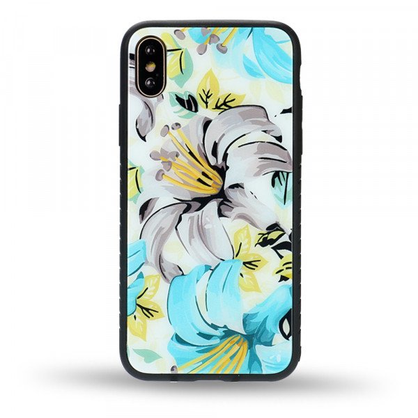 Wholesale iPhone XS / X Design Tempered Glass Hybrid Case (Flower)
